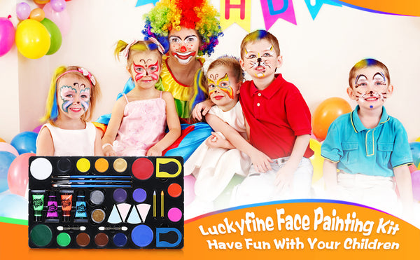 Kit de pintura facial y corporal para niños, 16 pinturas faciales y 4 pinturas con brillo UV, 2 brillos, 2 tizas para el cabello
