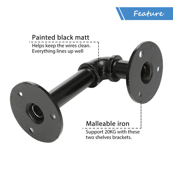 2PCS Industrial Black Iron Pipe Bracket Wall Mounted Floating Shelf Hanging Wall Hardware 15x8cm