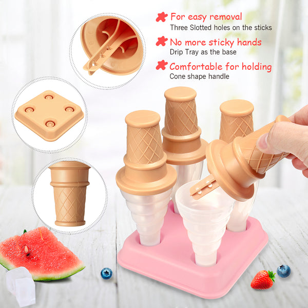 Ice Cream Popsicle Molds, 4PCS Ice Cream Molds for DIY Homemade Ice Cream Pops w/ Cartoon Cone-Shaped Holder