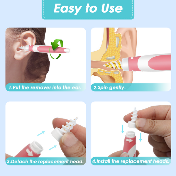 Earwax Remover Kit, Soft Silicone Spiral Earwax Remover Tool Set, 16 q-tip Replacement Heads