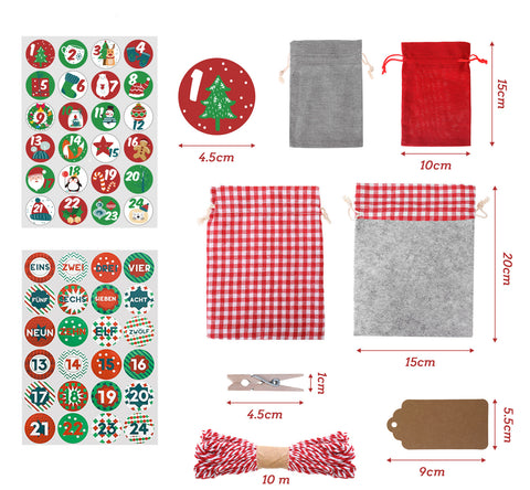 Calendrier de l'avent compte à rebours de Noël remplir par vous-même, w / sacs-cadeaux numéro autocollants, clips, papier Kraft, ficelle