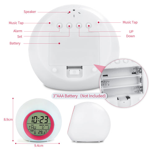 Kids Digital Alarm Clock Digital 7 Colors Changing Light Children's Bedroom Temperature Touch Control