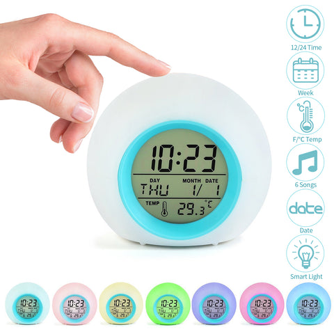 Kids Digital Alarm Clock Digital 7 Colors Changing Light Children's Bedroom Temperature Touch Control