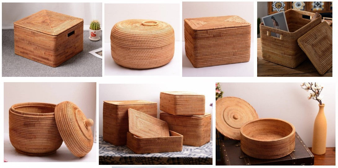 Rectangular storage baskets, extra large storage basket with lid, large storage basket with lid, round storage basket with lid, small storage baskets, rattan basket with lid, wicker basket with lid, woven basket with lid