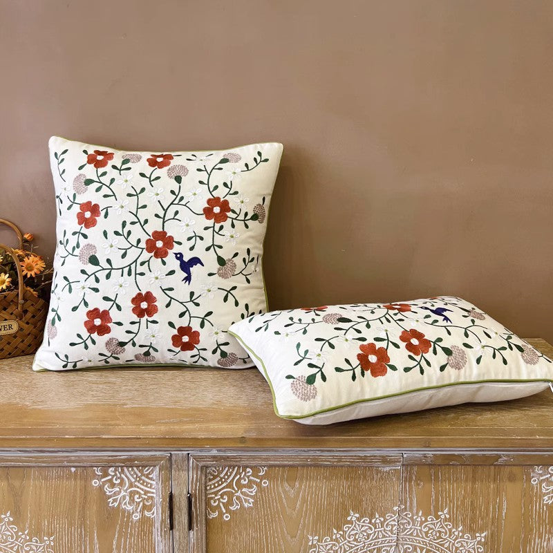 Bird Spring Flower Decorative Throw Pillows, Farmhouse Sofa Decorative Pillows, Embroider Flower Cotton Pillow Covers, Flower Decorative Throw Pillows for Couch