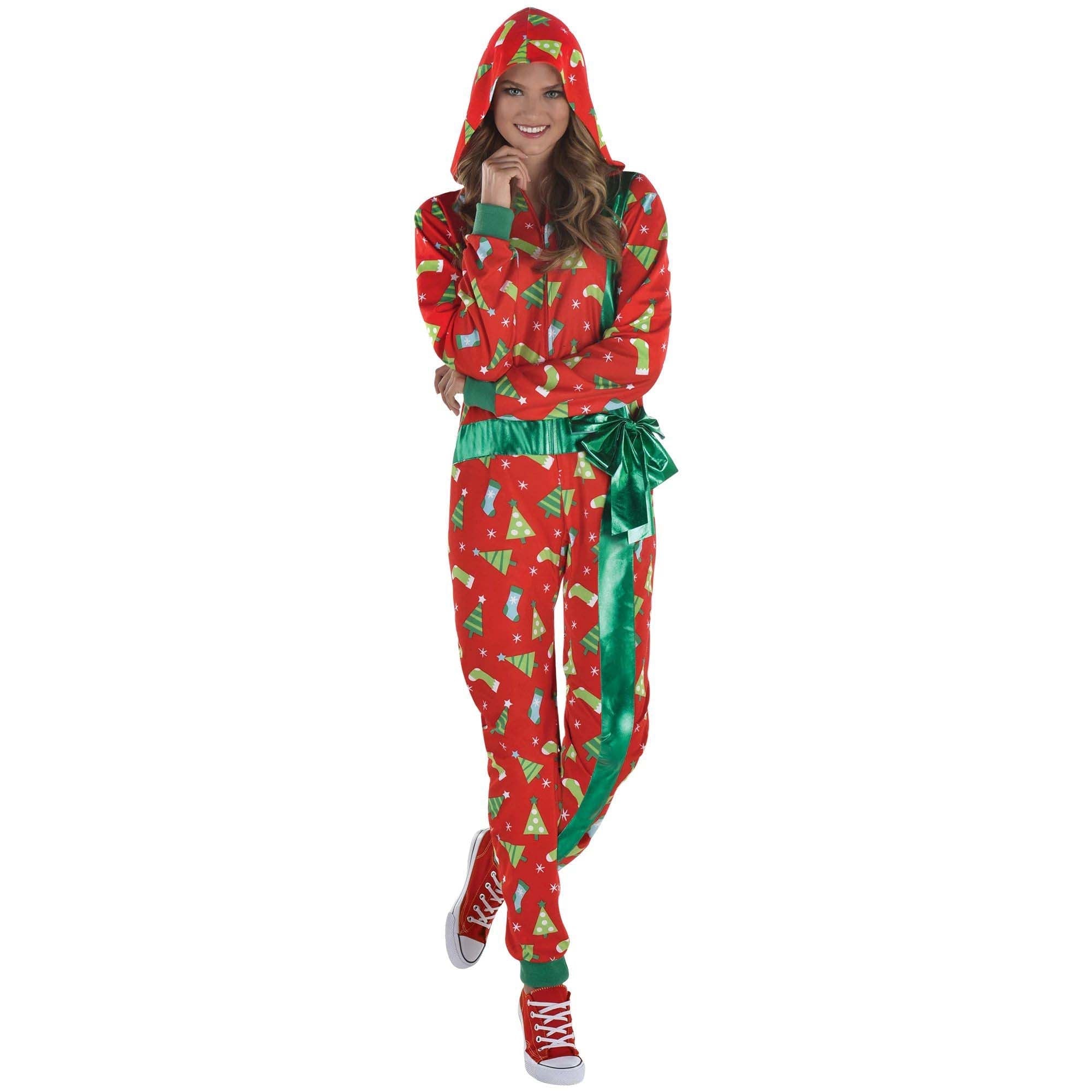 Gift Zipster Costume for Adults, Red and Green Onesie
