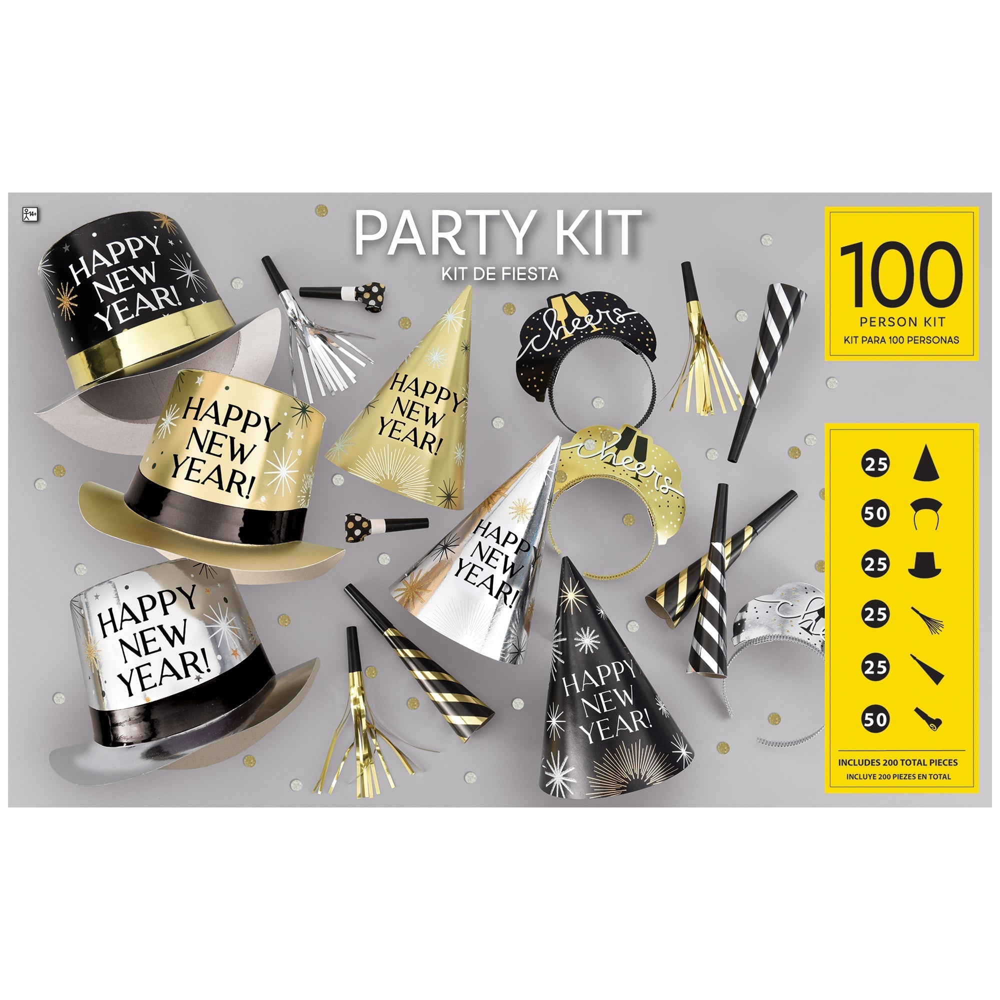 Happy New Year Party Kit for 100 Person, Black, Gold and Silver, 1 Count