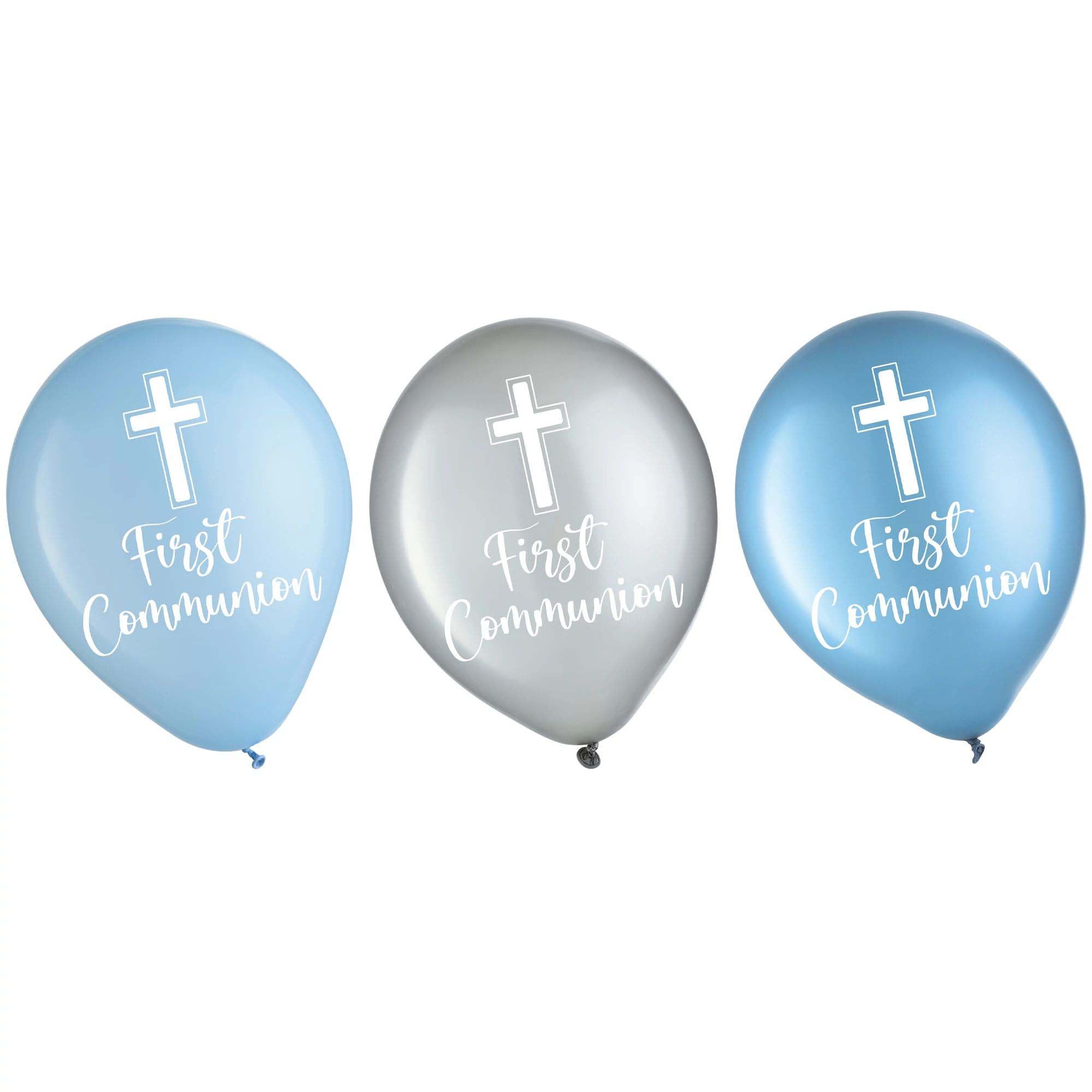 Blue Communion Printed Latex Balloons, Blue and Grey, 12 Inches, 15 Count