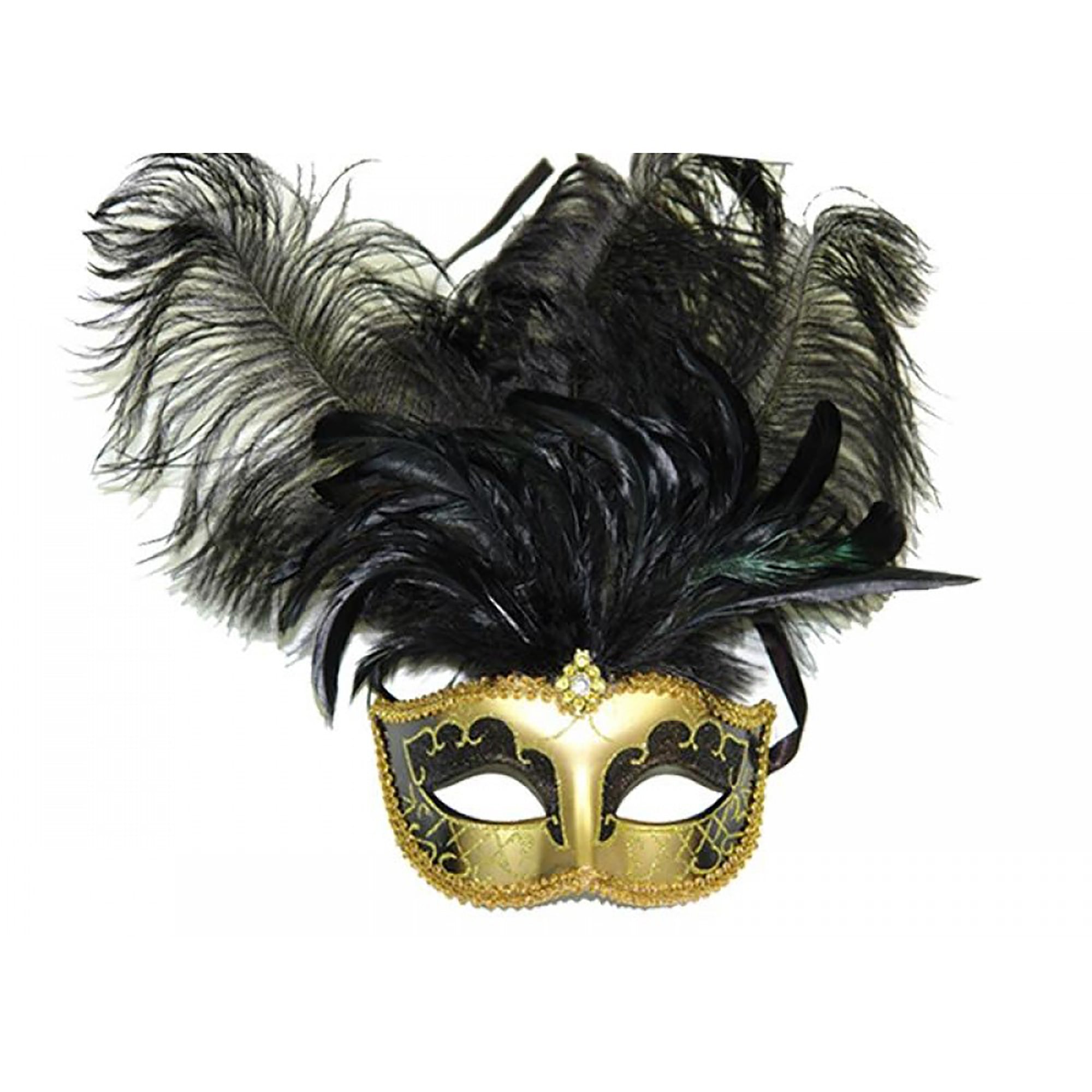 Gold and Black Venetian Mask with Ostrich Feathers, 1 Count