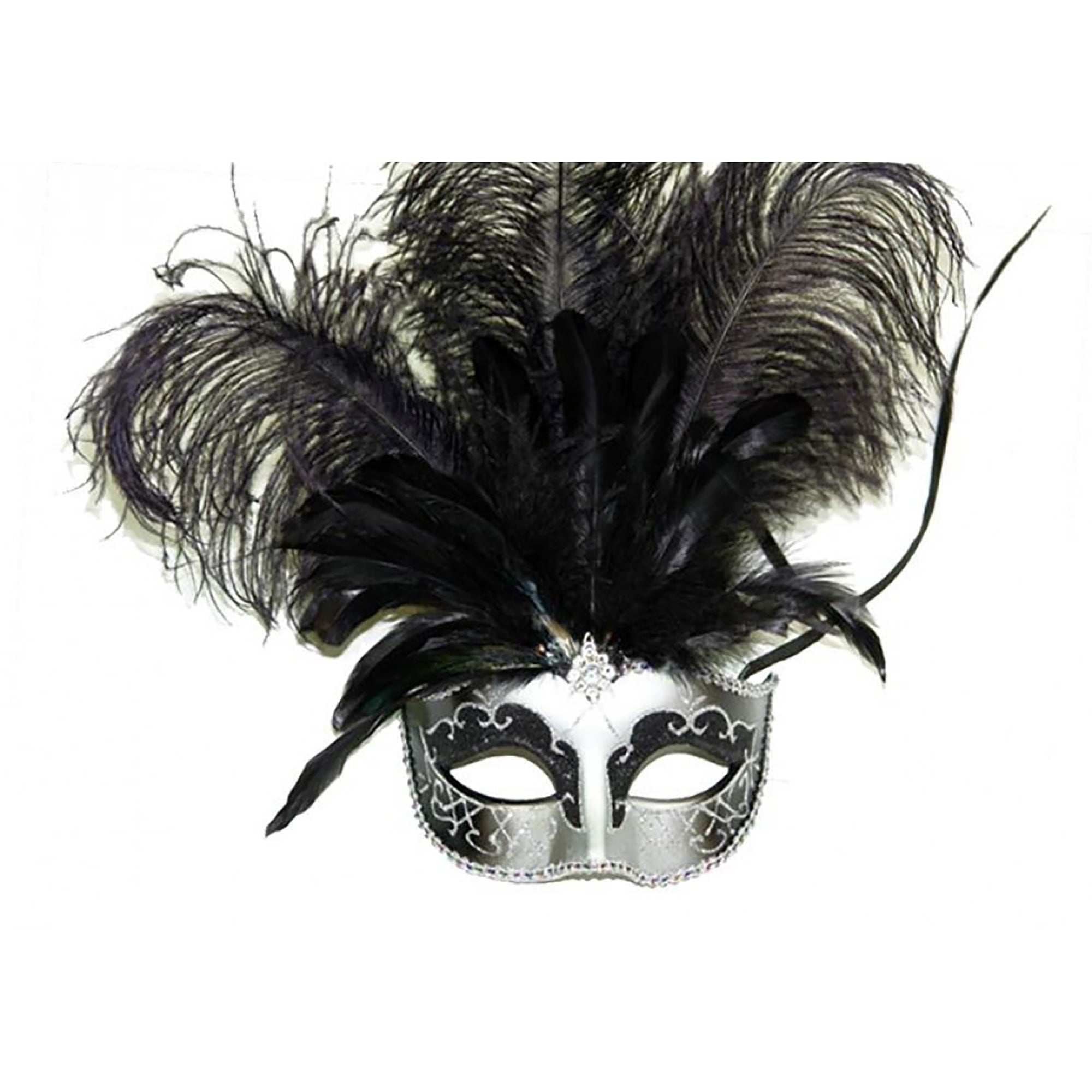 Silver and Black Venetian Mask with Ostrich Feathers, 1 Count