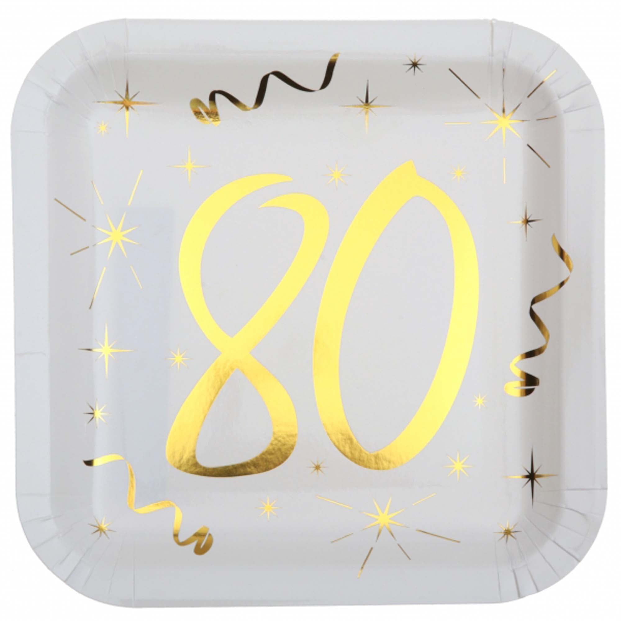 Starry Golden Age 80th Birthday Large Square Lunch Paper Plates, 9 Inches, 10 Count