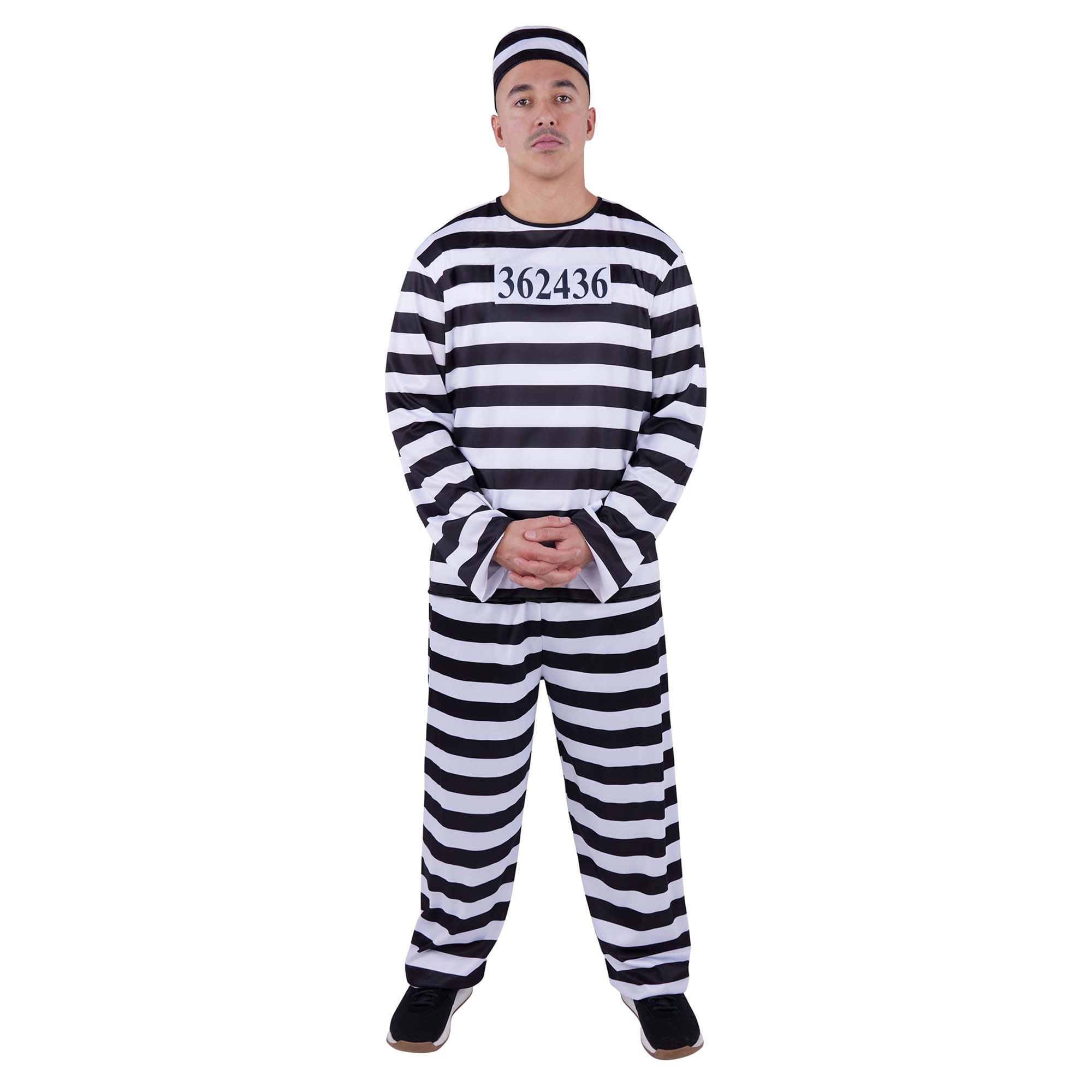Jailbird Costume for Adults, Black and White Striped Pants and Top