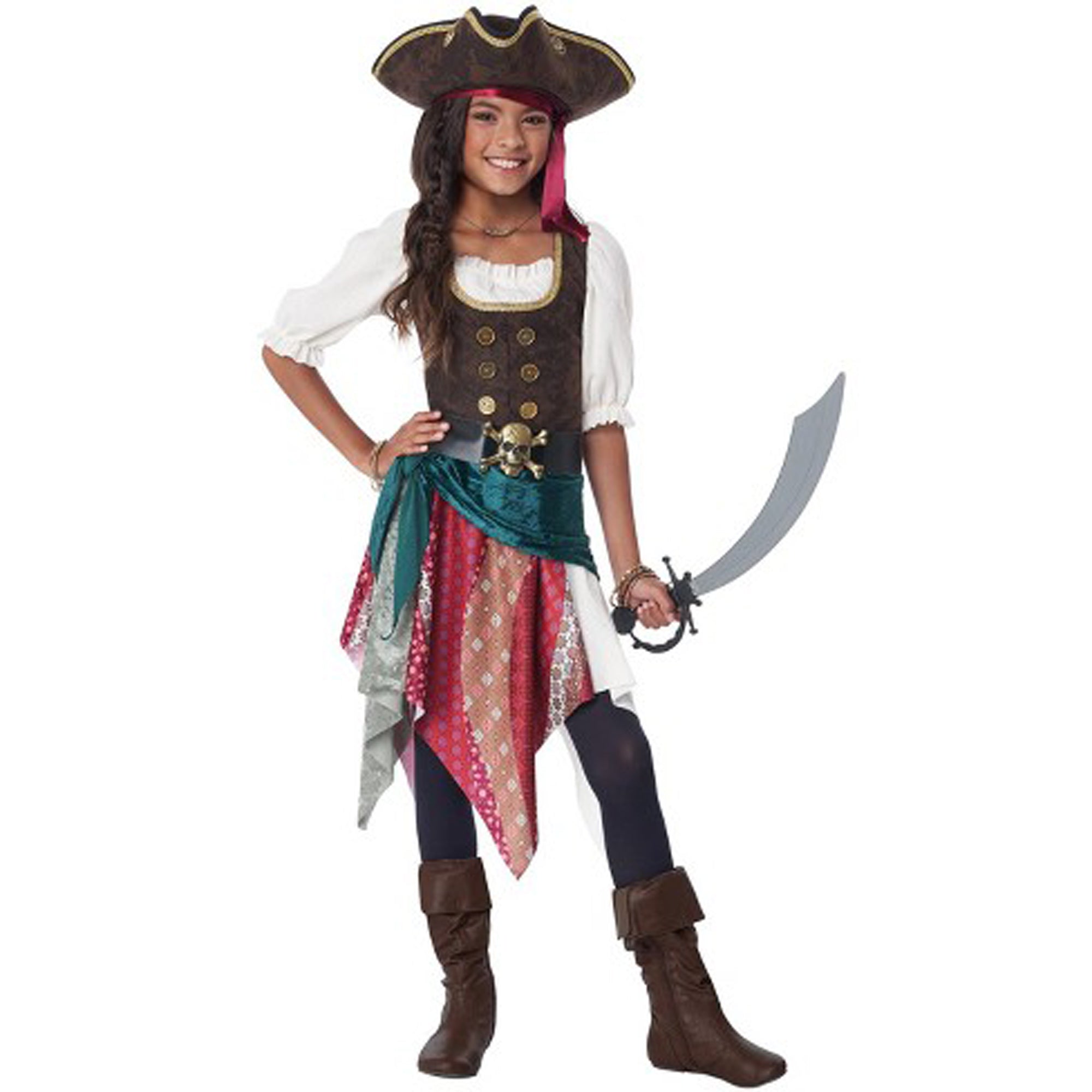 Boho Pirate Costume for Kids, Blue and Red Dress With Vest