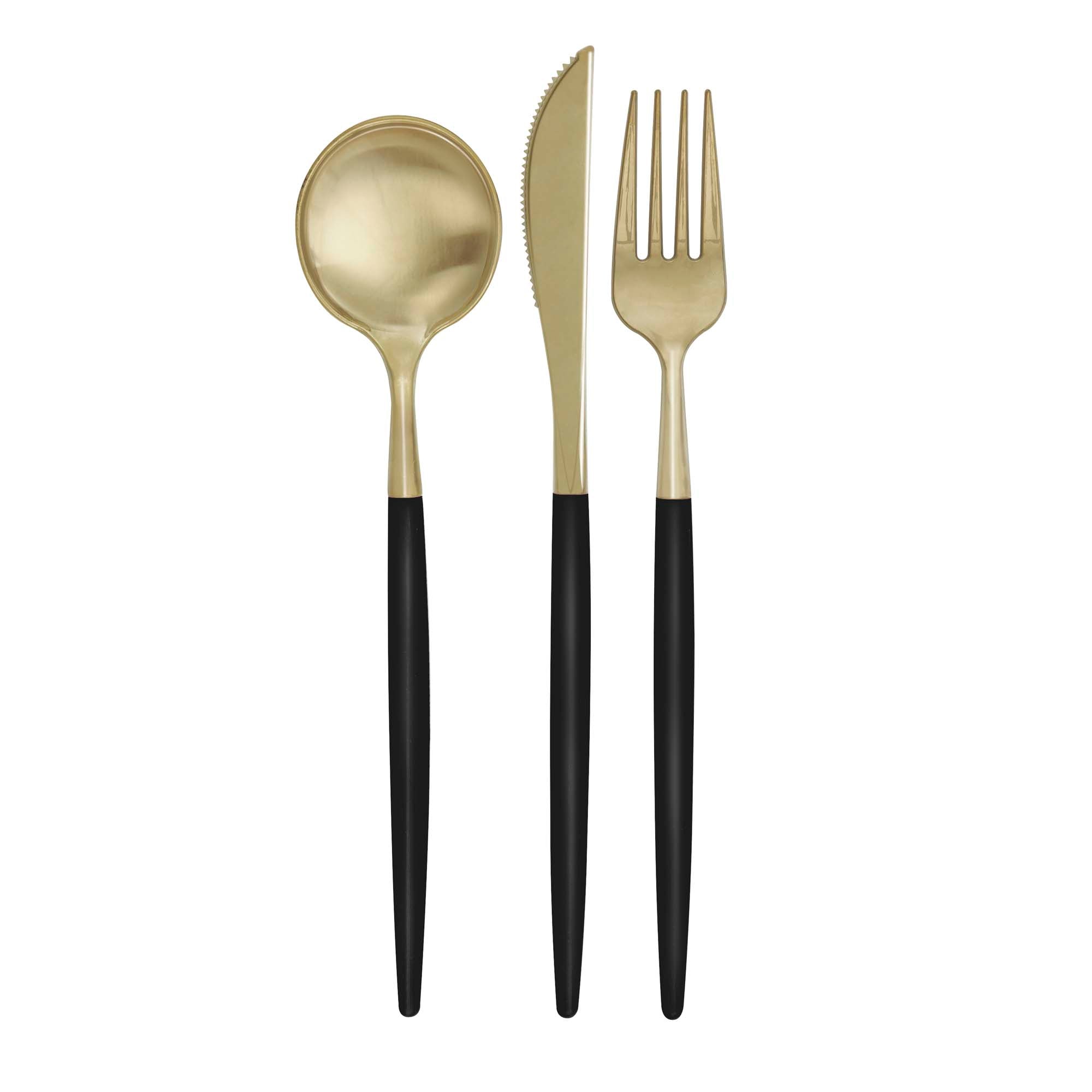 Plastic Cutlery Set, Black & Gold, 12 Count