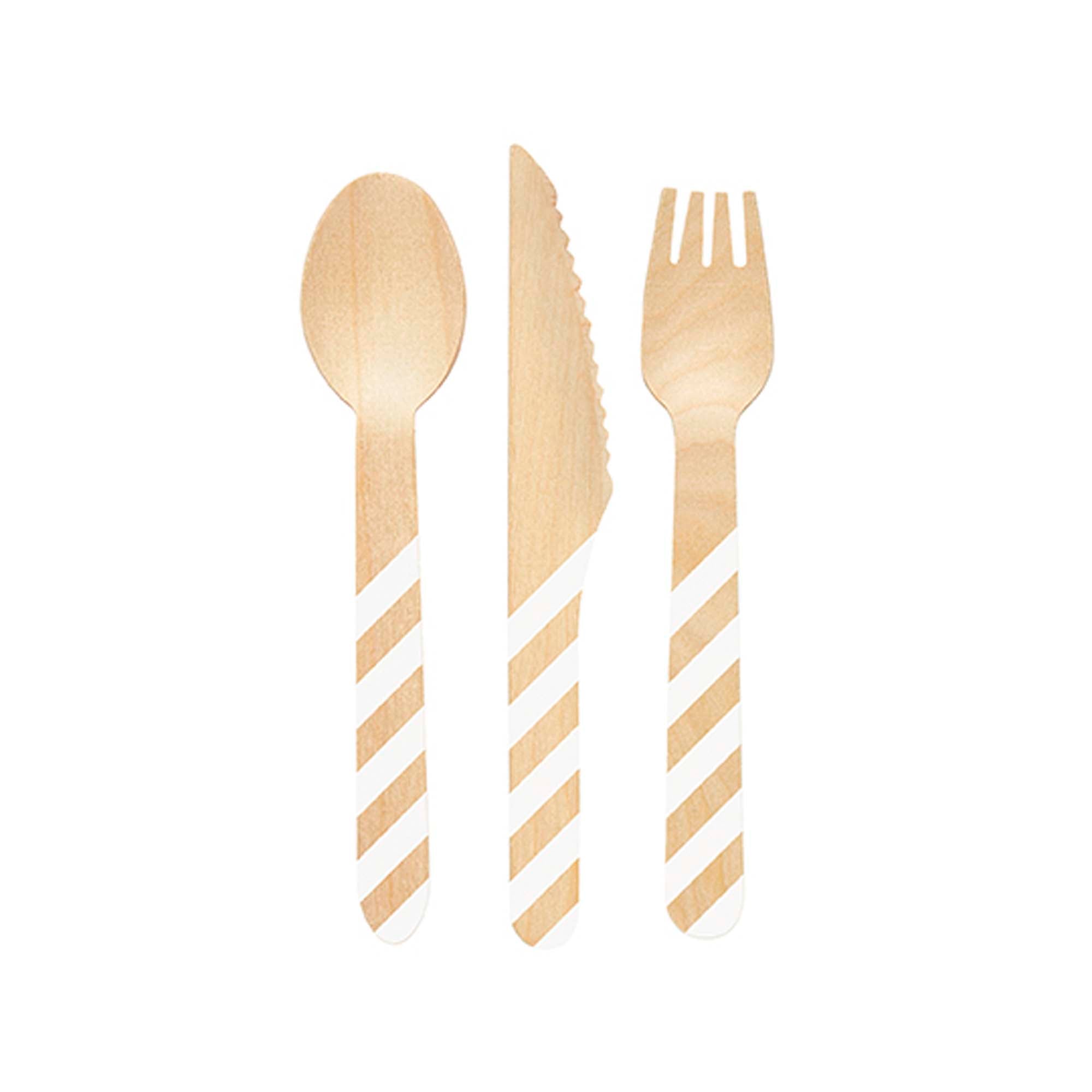 Wooden Cutlery Set, White Stripes, 12 Count