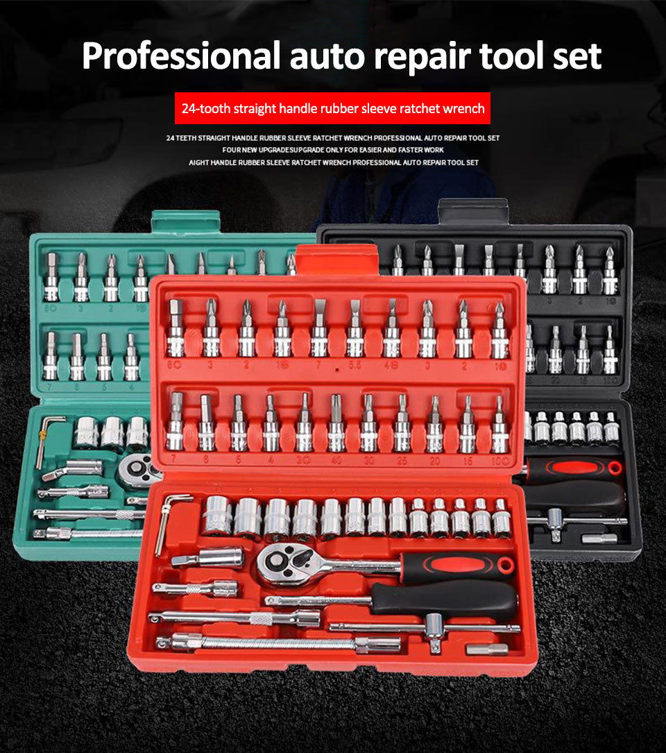 46pcs Ratchet Wrench Set Auto Repair Kit 1/4'' Socket Wrench Box Spanner Auto Maintenance Tool