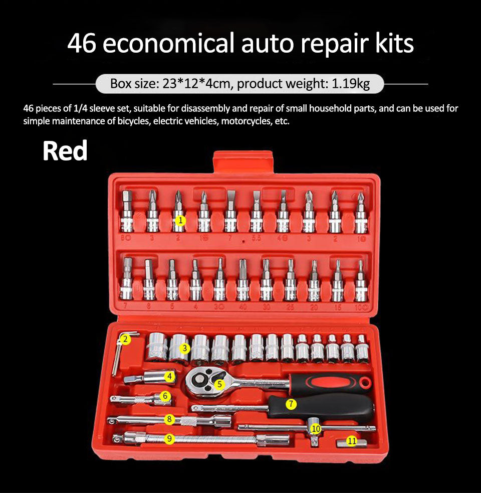 46pcs Ratchet Wrench Set Auto Repair Kit 1/4'' Socket Wrench Box Spanner Auto Maintenance Tool