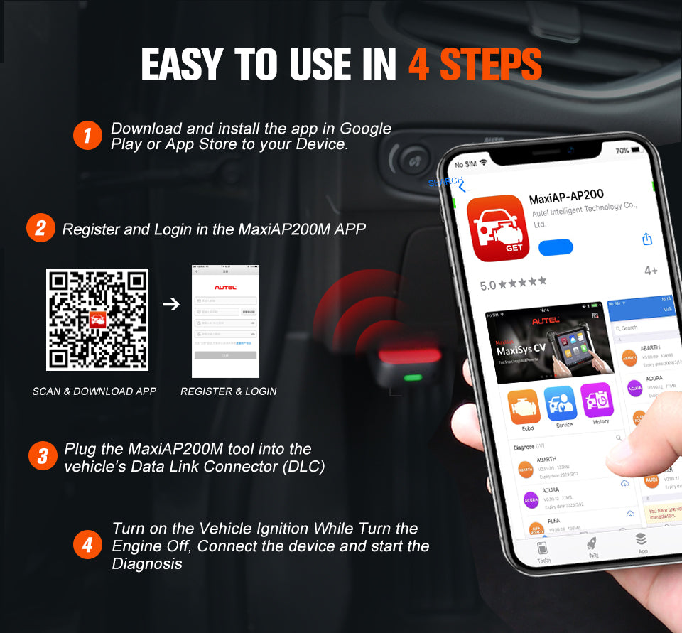 Autel AP200M Bluetooth Scanner Car Diagnostic Tool EASY TO USE IN 4 STEPS