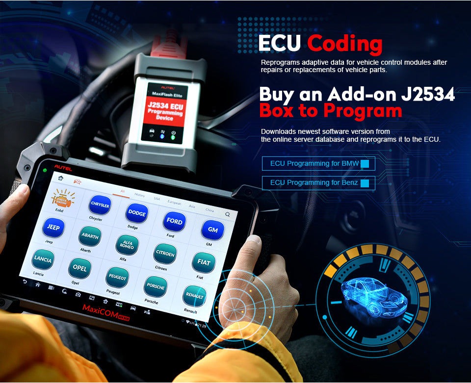 Autel MaxiCOM MK908 Full System Diagnostic Tool Car OBD2 scanner supports ECU coding and reprograms adaptive data for vehicles control modules after repairs or replacement of vehicles parts.