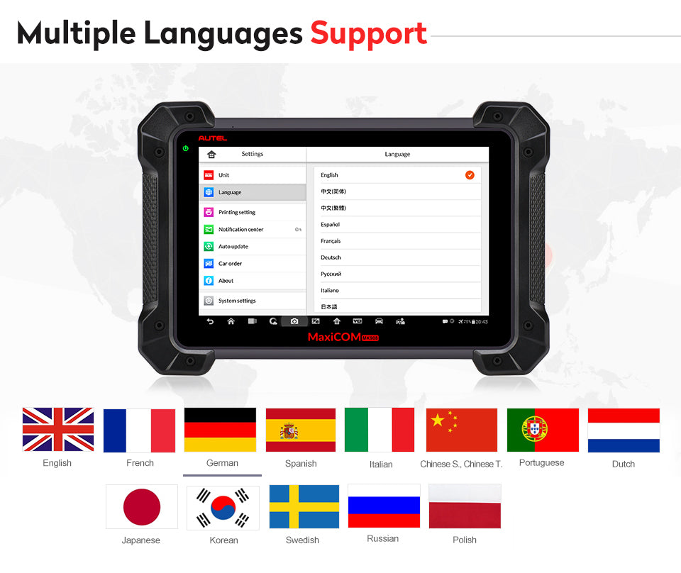 Autel MaxiCOM MK908 Full System Diagnostic Tool Car OBD2 scanner supports mutiple languages.