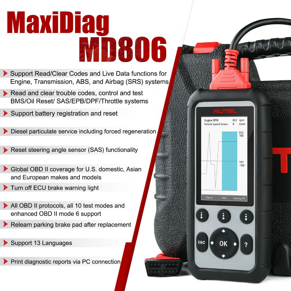 Autel MaxiDiag MD806 OBD2 Scanner Four System Car Diagnostic Tool with SRS/ ABS/ Engine/ Transmission Functions