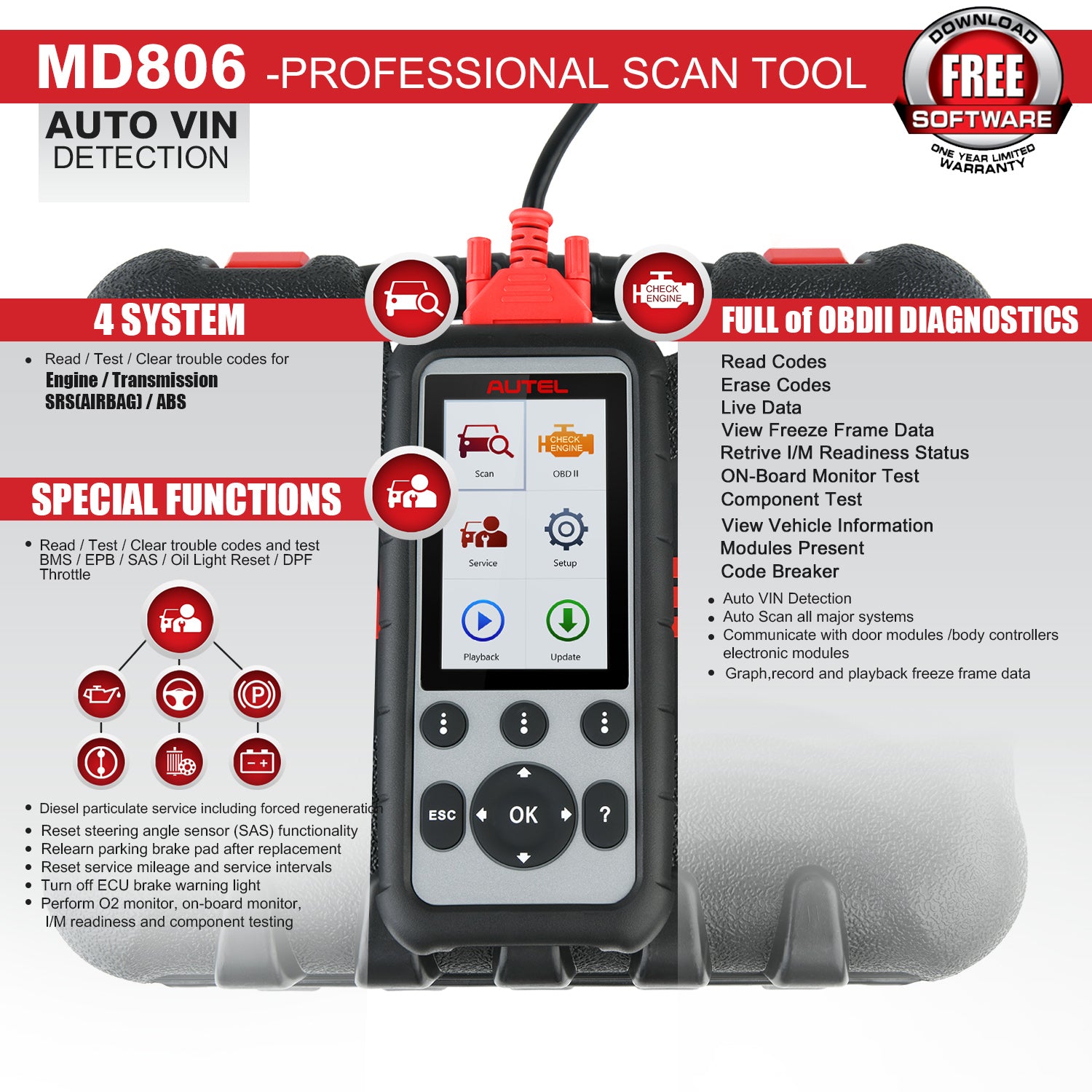 Autel MaxiDiag MD806 OBD2 Scanner Four System Car Diagnostic Tool with SRS/ ABS/ Engine/ Transmission Functions