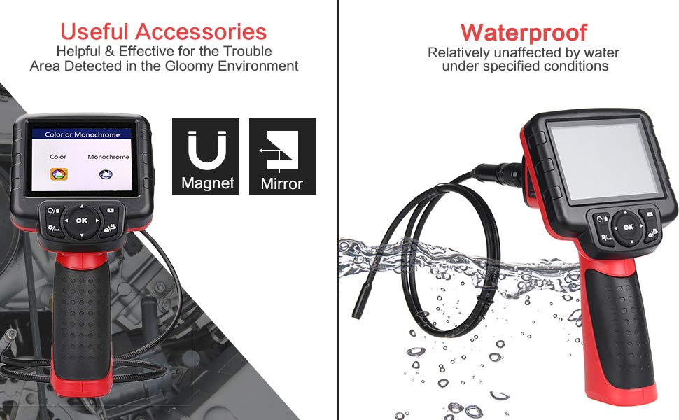 Autel MaxiVideo MV400 Videoscope Digital Versatile Inspection Recording Camera with 5.5mm / 8.5mm Imager Head is helpful and effecitve for the trouble area detected in the gloomy environment and relatively unaffected by water under specified conditions.
