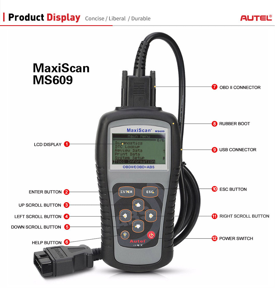 Autel Maxiscan MS609 OBD2 Scanner Full OBDII Functions ABS Car Diagnostic Tools details