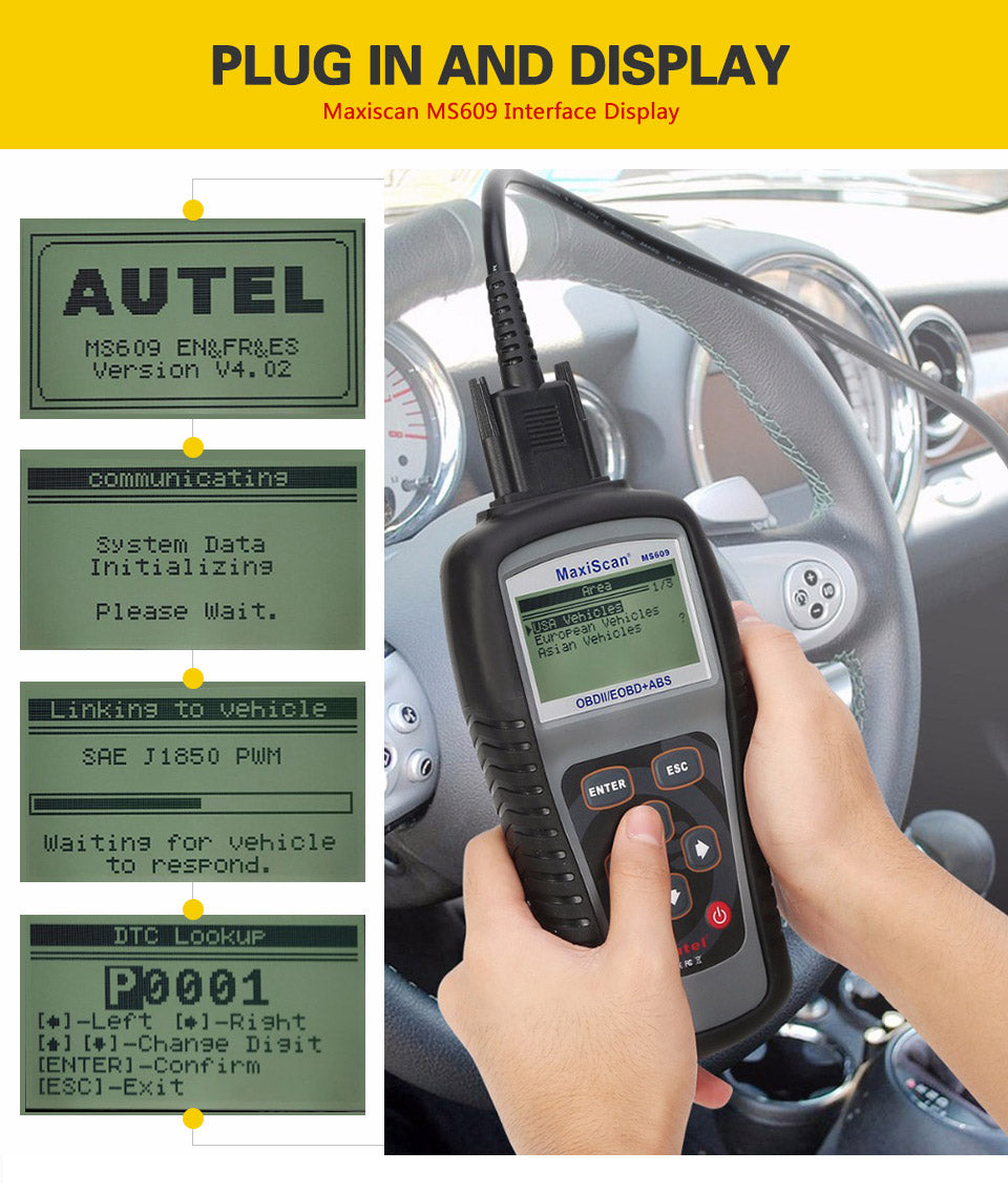 Autel Maxiscan MS609 OBD2 Scanner Full OBDII Functions ABS Car Diagnostic Tools plug in and display
