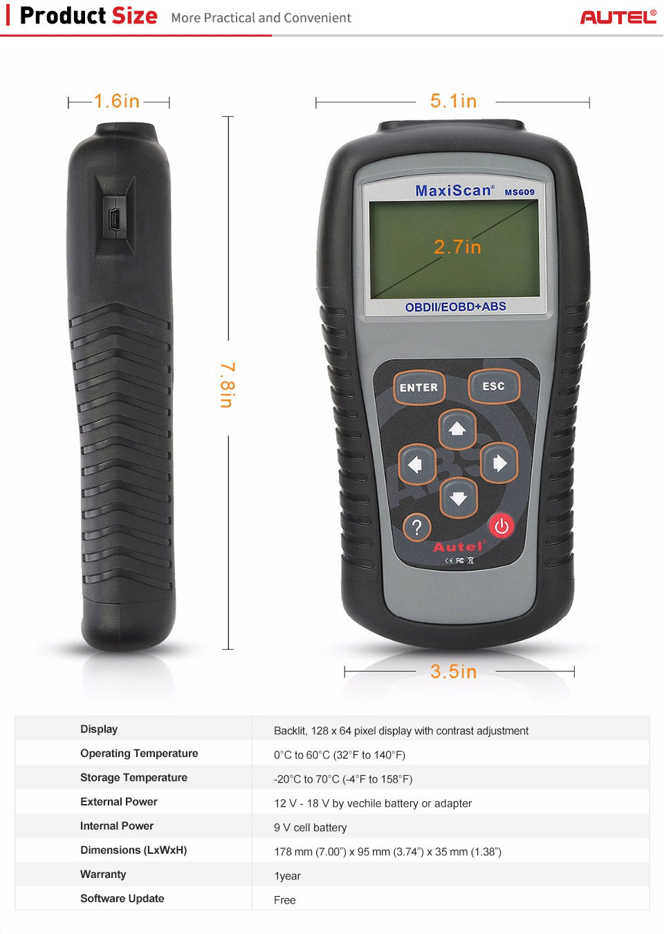 Autel Maxiscan MS609 OBD2 Scanner Full OBDII Functions ABS Car Diagnostic Tools size