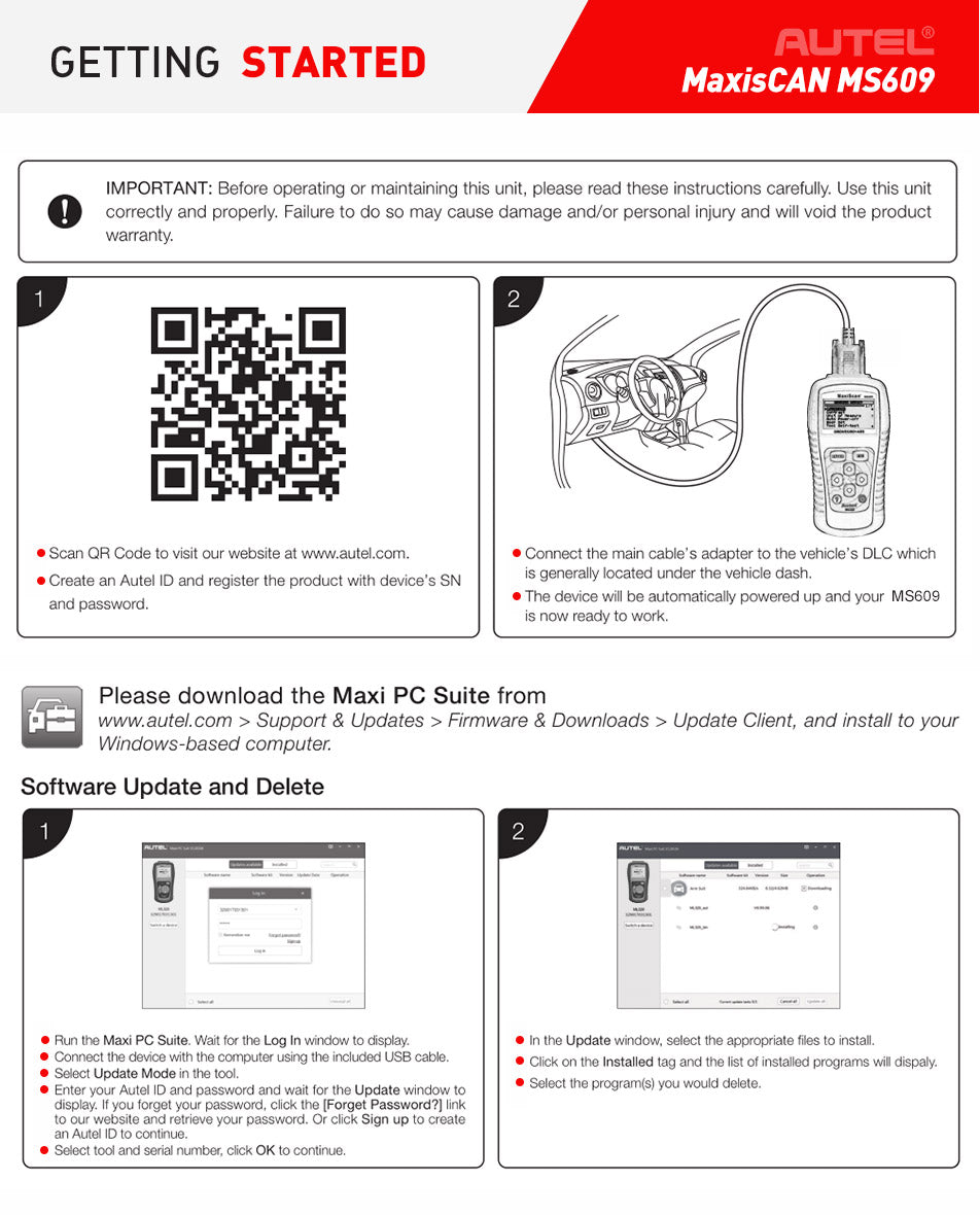 Autel Maxiscan MS609 OBD2 Scanner Full OBDII Functions ABS Car Diagnostic Tool's gudiance of getting started