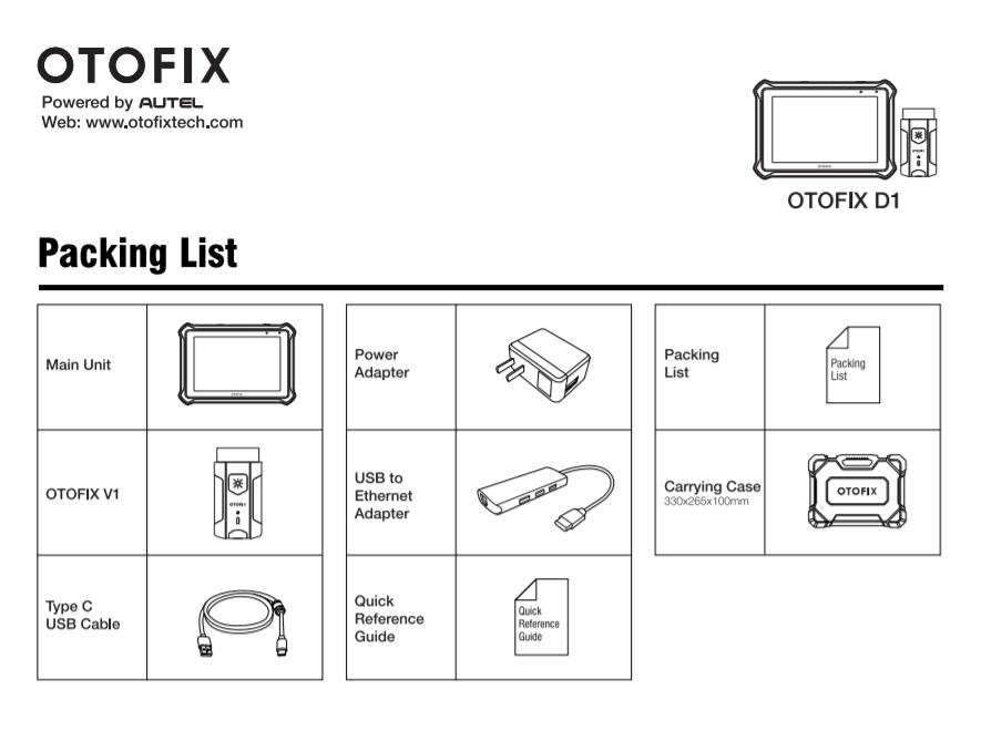 Autel OTOFIX D1 packing list