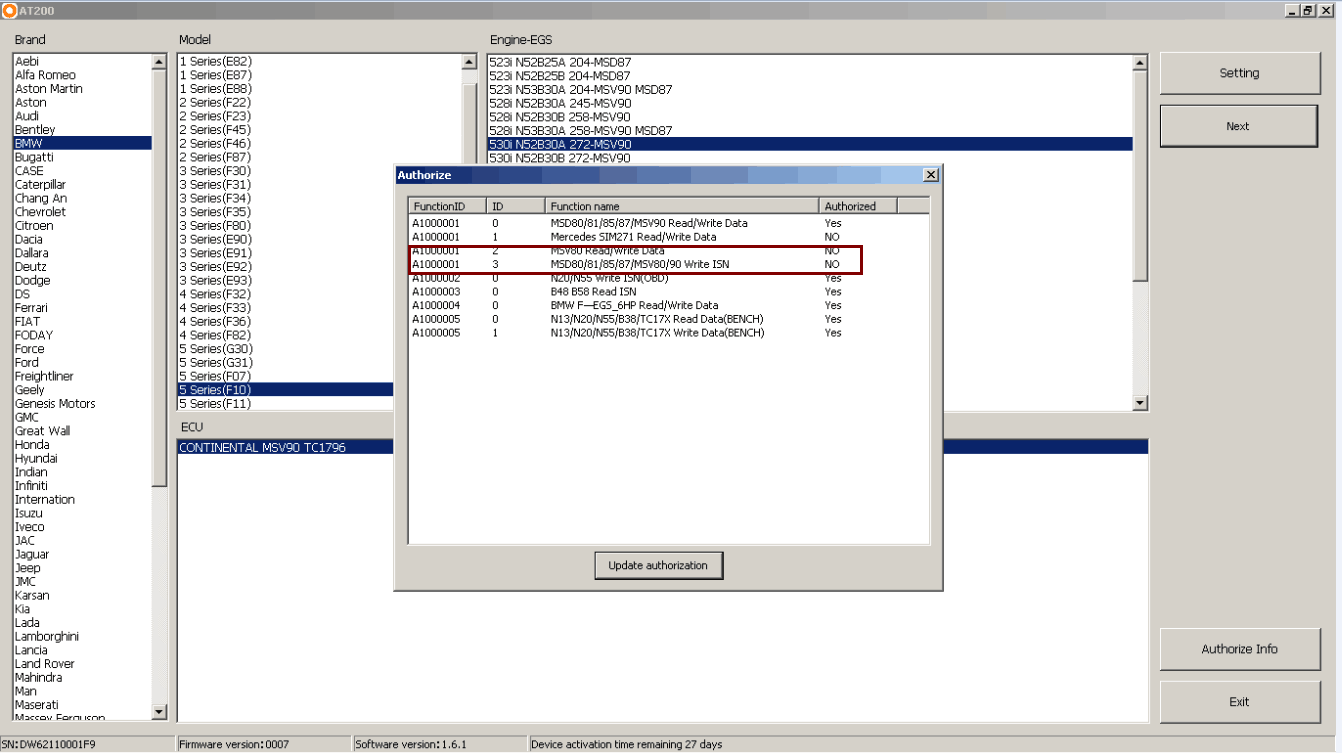 AT-200 Authorization for BMW MSD80/ MSD81/ MSD85/ MSD87/ MSV80/ MSV90 Write ISN and MSV80 Read/Write ISN, Backup and Restore Data