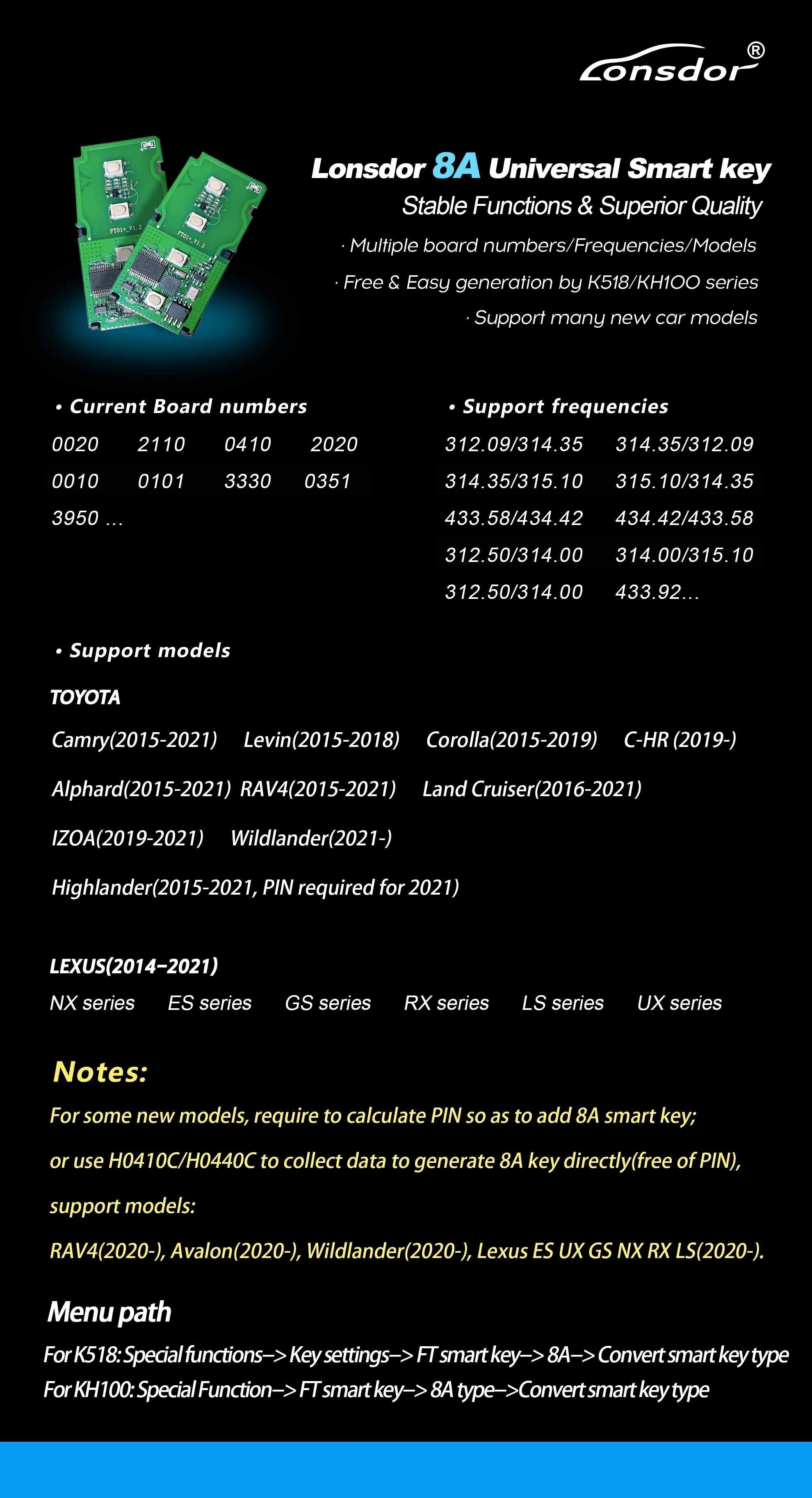 Lonsdor Toyota 8A Smart Key for K518S K518ISE KH100 KH100+