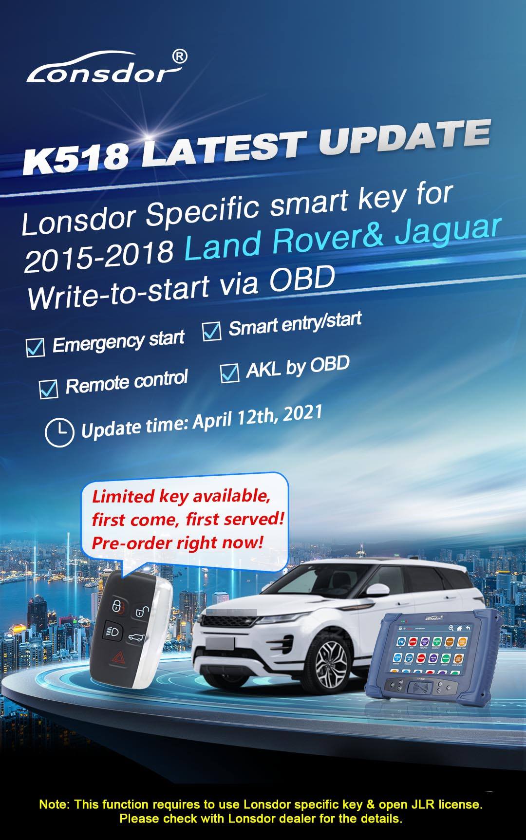 Lonsdor Specific Smart Key for 2015-2018 Land Rover Jaguar 5 Buttons 315MHz/433MHz