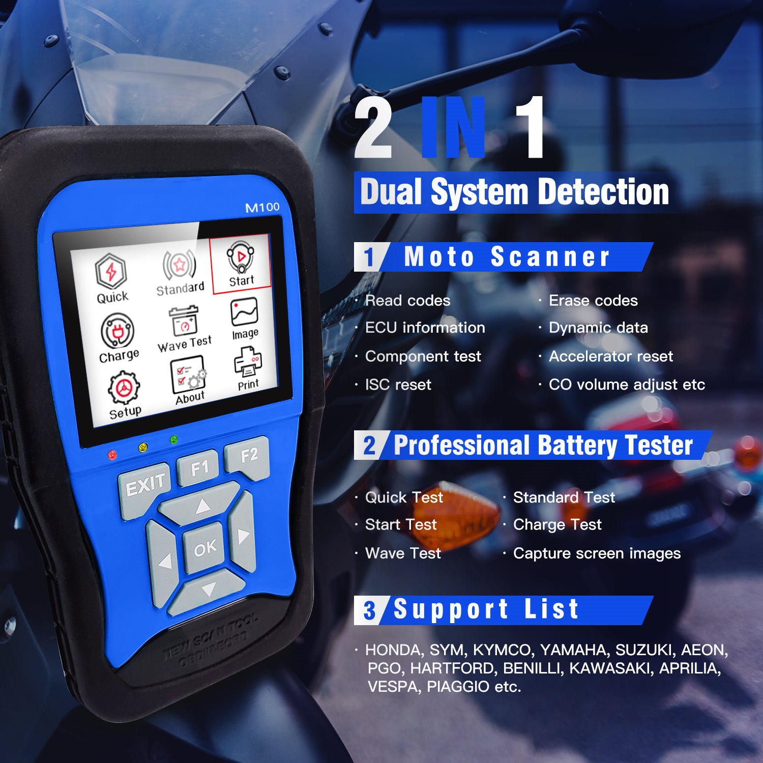 M100 Motorcycle Diagnostic Tool for Kawasaki Yamaha Suzuki Moto Scanner with Battery Tester 2 in 1 Dual System Detection