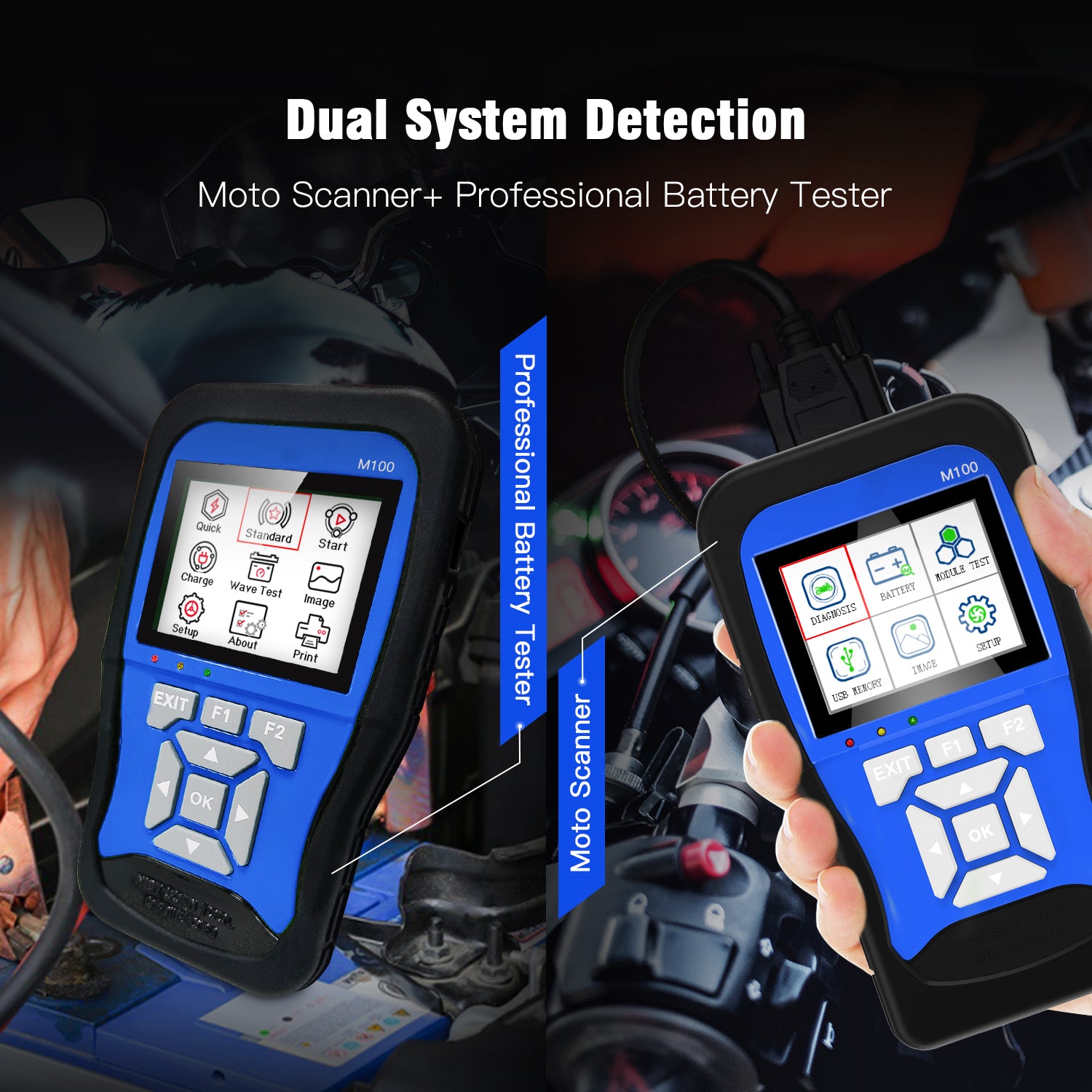 M100 Motorcycle Diagnostic Tool for Kawasaki Yamaha Suzuki Moto Scanner with Battery Tester 2 in 1 Dual System Detection