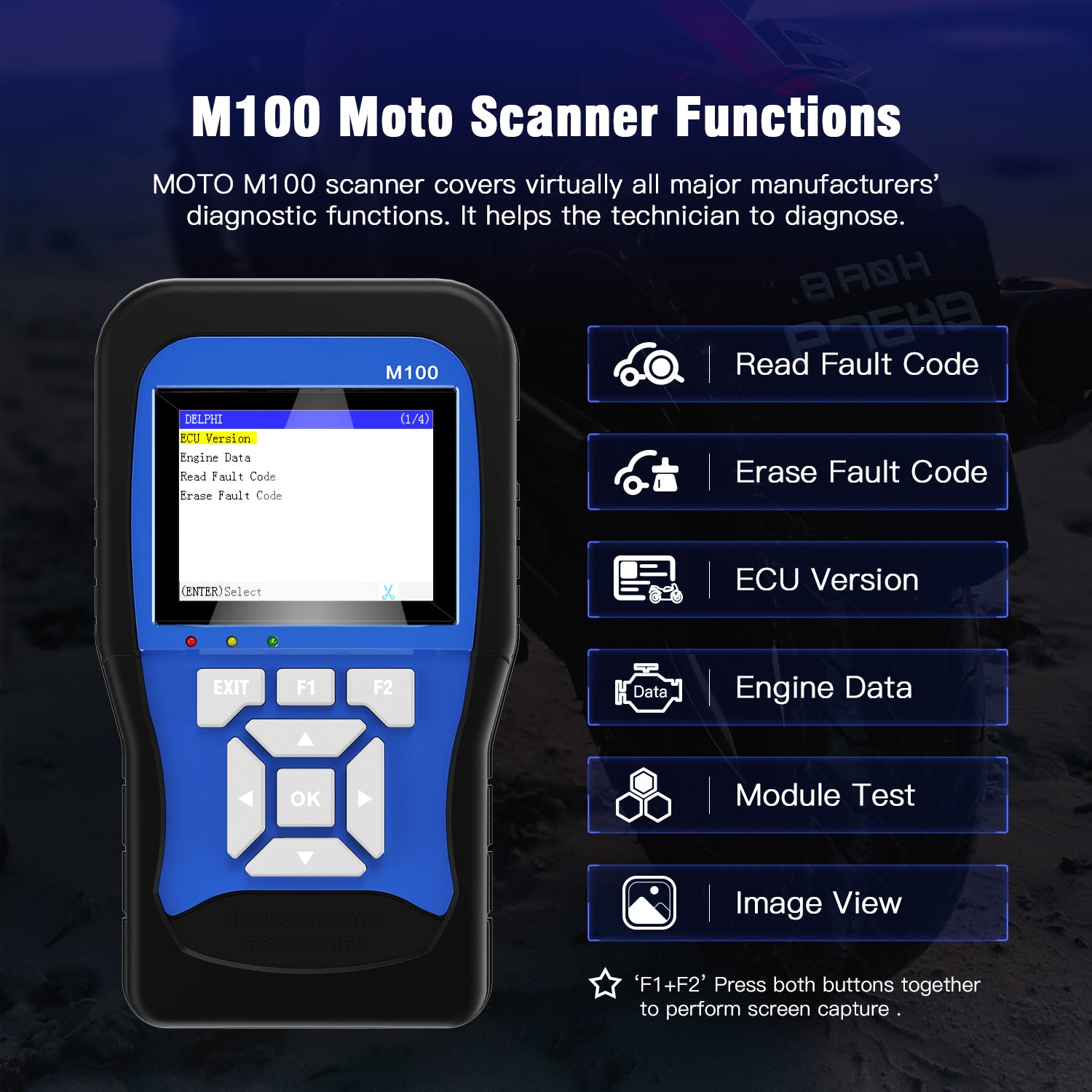 M100 Motorcycle Diagnostic Tool for Kawasaki Yamaha Suzuki Moto Scanner with Battery Tester 2 in 1 Dual System Detection