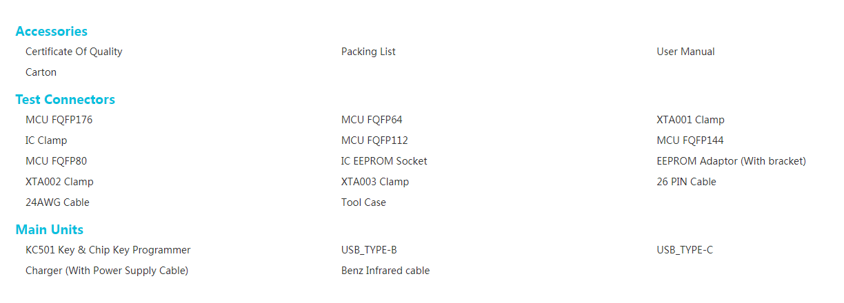 Xtool KC501 Car Key Programmer Packing List