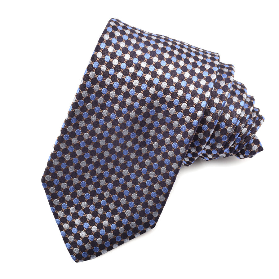 Navy, French Blue, and Tan Grid Dot Woven Silk Jacquard Tie by Dion Neckwear