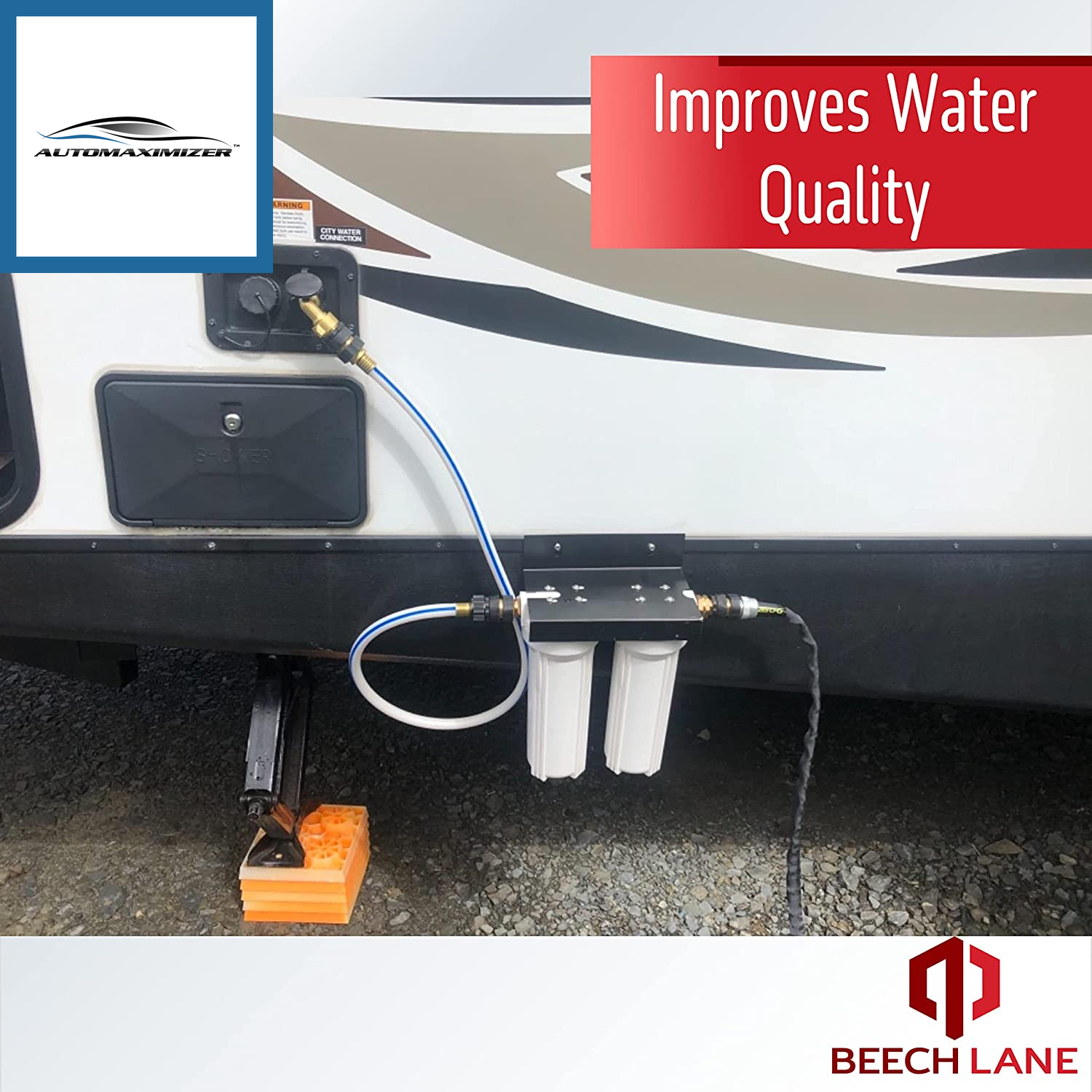 External RV Dual Water Filter System, Leak-Free Brass Fittings, Mounting Bracket and Two Filters Included, Sturdy Construction Is Built to Last