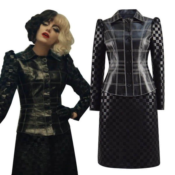 Cruella de Vil Cruella 2021 Costumes Outfits Emma Stone Leather Jacket Skirt Suit