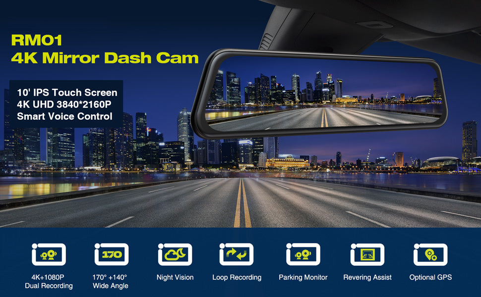 10'''' UHD 4K Touchscreen Mirror Dash Cam Backup Camera Front