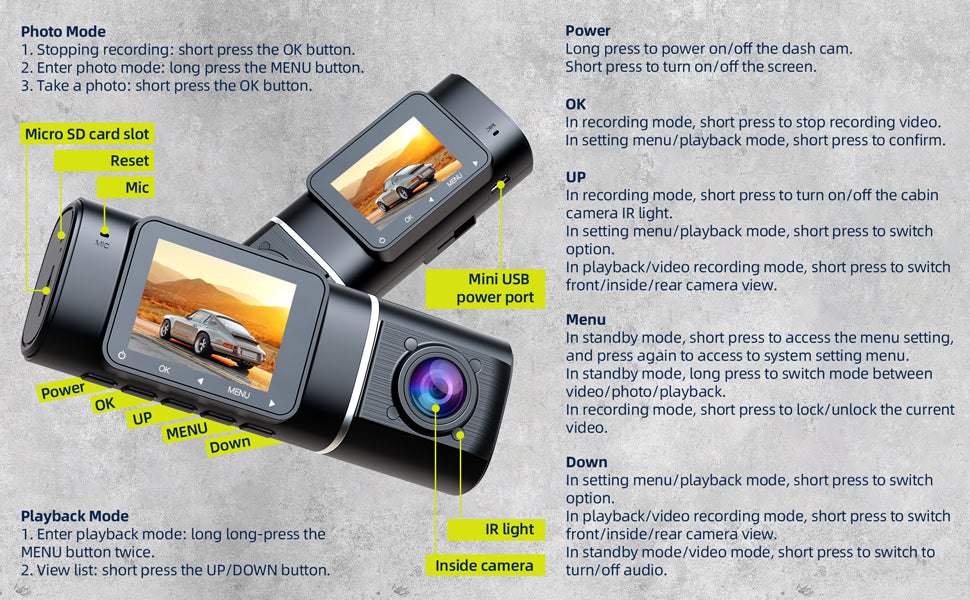3-Kanal-Dashcam Vorne Und Hinten Innen, 1080P Dashcam IR-Nachtsicht,  Loop-Aufnahme, Auto-DVR-Kamera, 3 Objektive Mit 5,08 Cm IPS-Bildschirm, 3  Kameras