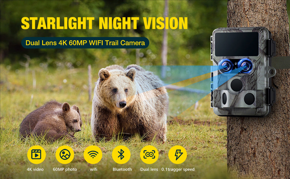 4K Trail Camera Dual-Lens Starlight Night Vision 60MP WiFi Bluetooth Game Camera with 0.1S Trigger IP66 Waterproof Hunting Cam for Wildlife Monitoring