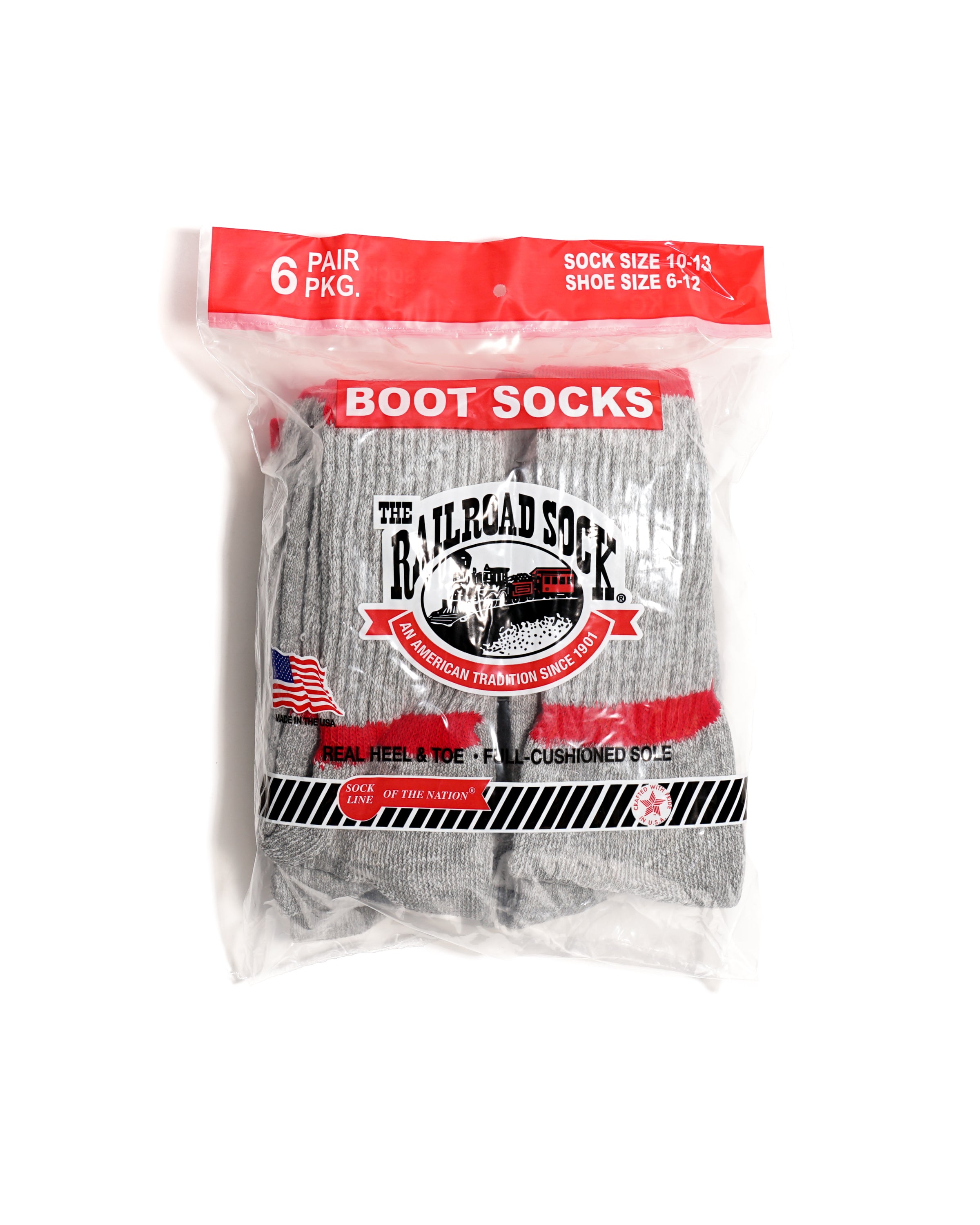 6 Pack Crew Boot Sock - Grey w/ Red Stripe