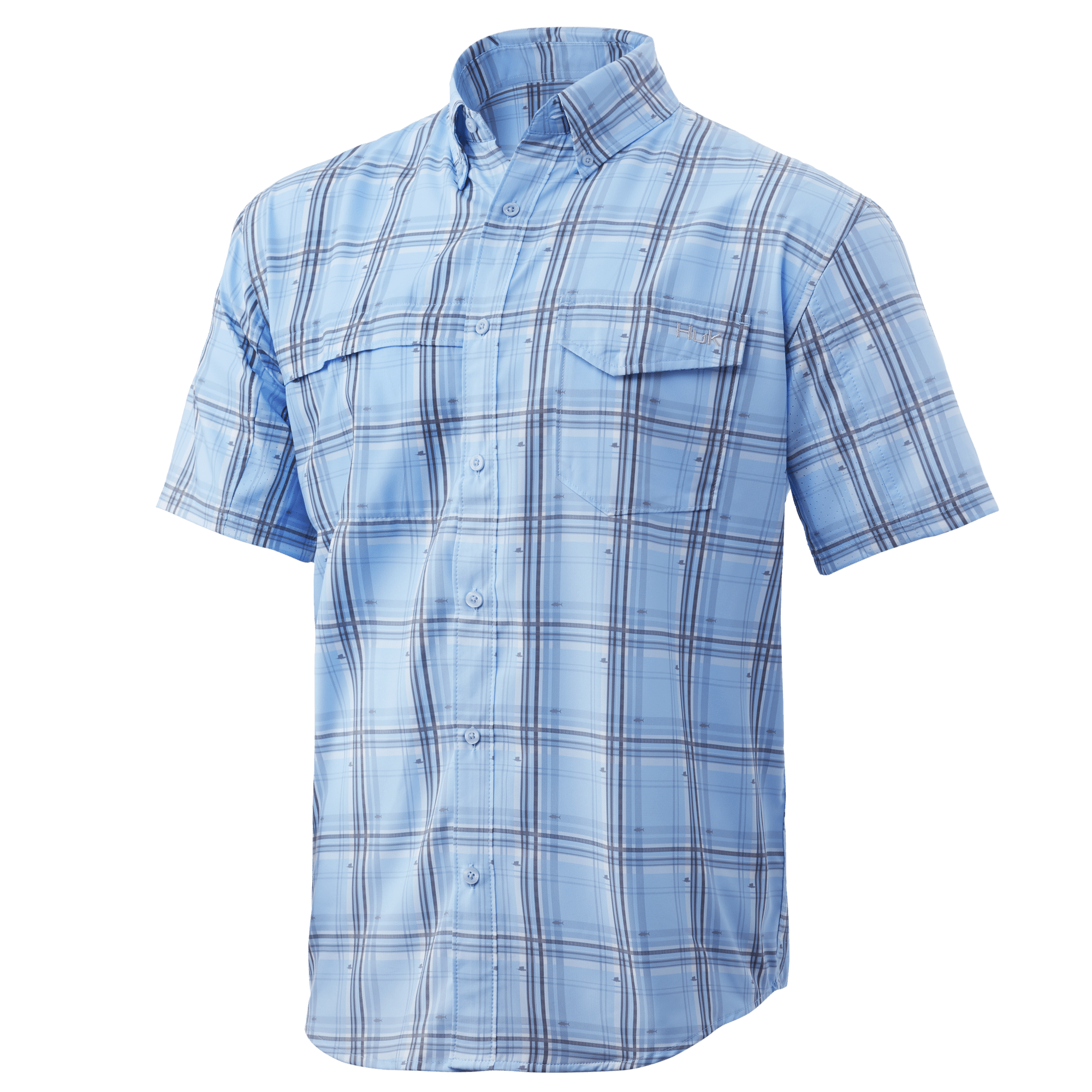 Tide Point Fish Plaid Short Sleeve Sport Shirt- Ice Blue