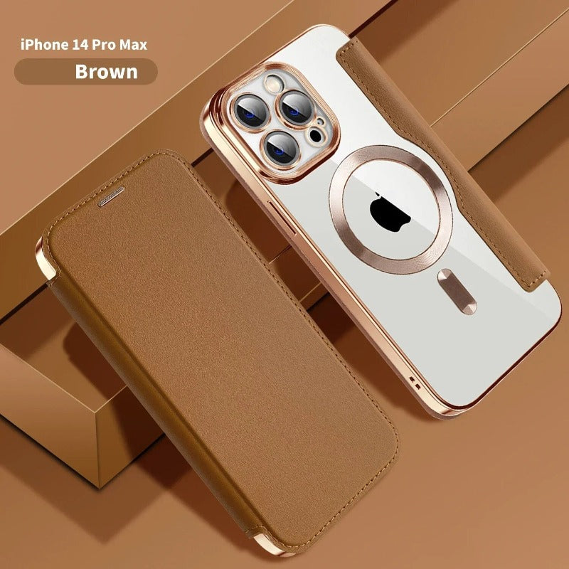 Electroplated Flip Leather Phone Case Magsafe Wireless Charging For iPhone