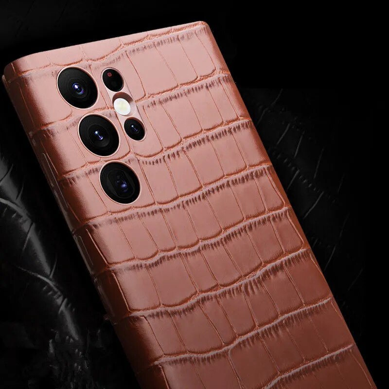 Genuine Leather S View Crocodile Texture Window Display Smart Flip Case For Samsung Galaxy S22