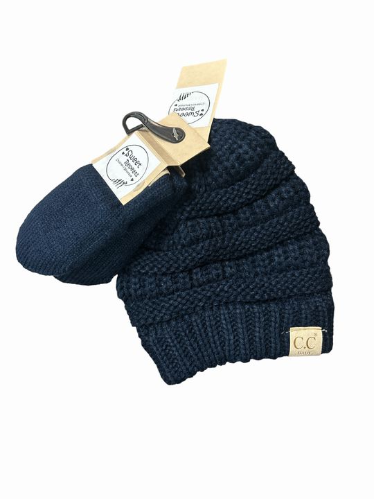 Navy knit baby hat & mittens ~ infant NEW